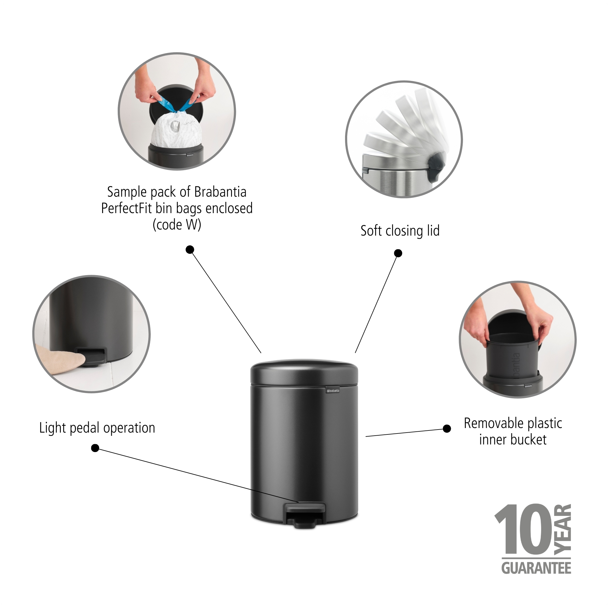 BRABANTIA atkritumu tvertne ar pedāli NewIcon, 5L, Confident Grey - Image 12